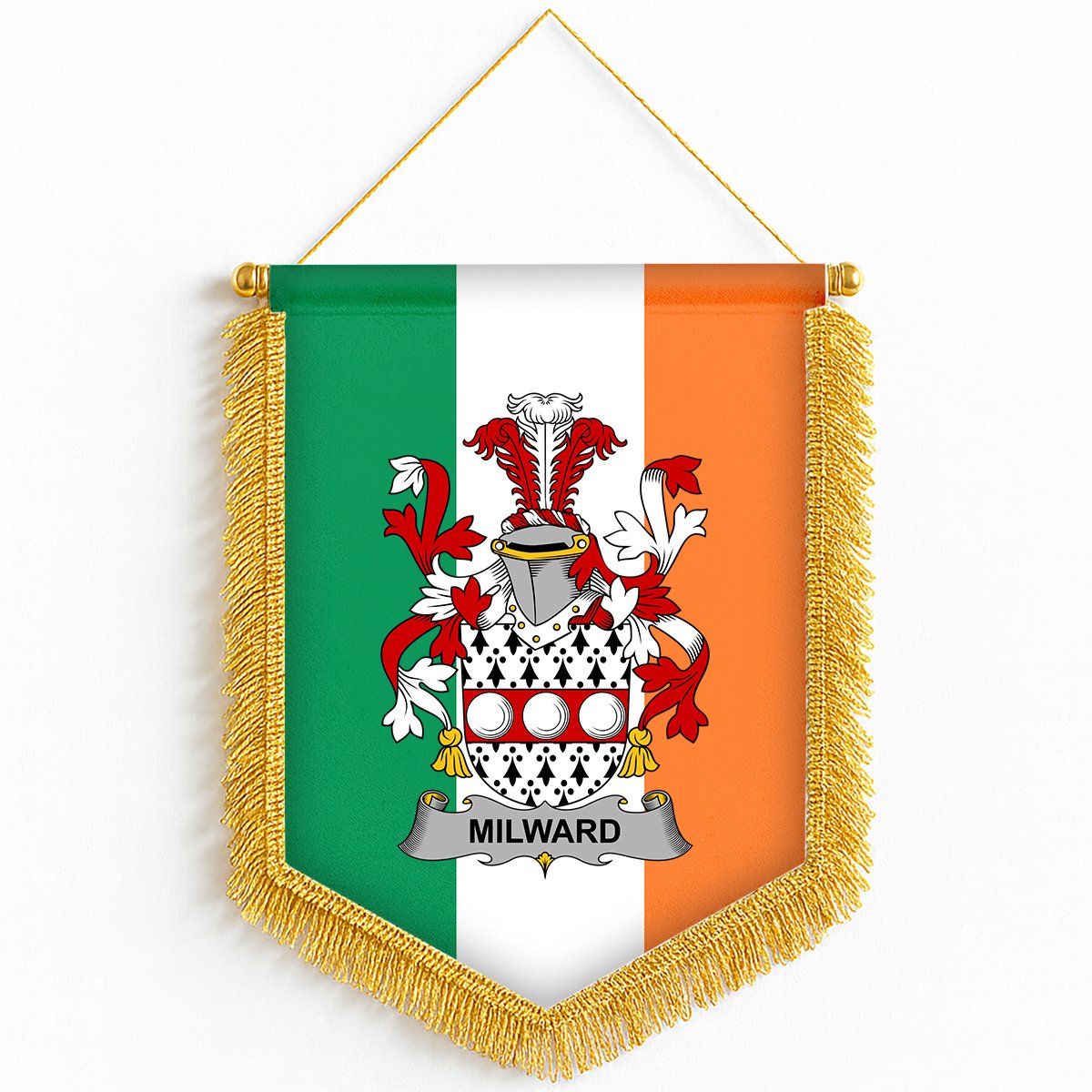 ScotsTee Shop Irish Milward Coat of Arms Ireland Flag and Irish Family Crest Green, White and Orange Wall Hanging Banner Gonfalon