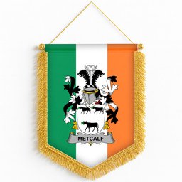 ScotsTee Shop Irish Metcalf or Metcalfe Coat of Arms Ireland Flag and Irish Family Crest Green, White and Orange Wall Hanging Banner Gonfalon
