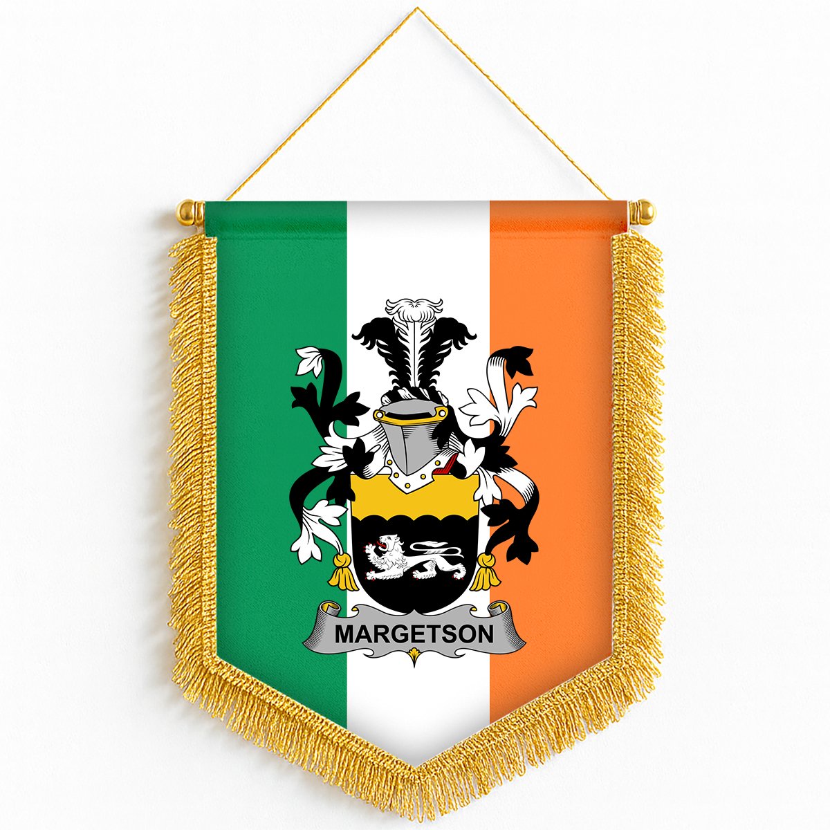 ScotsTee Shop Irish Margetson Coat of Arms Ireland Flag and Irish Family Crest Green, White and Orange Wall Hanging Banner Gonfalon