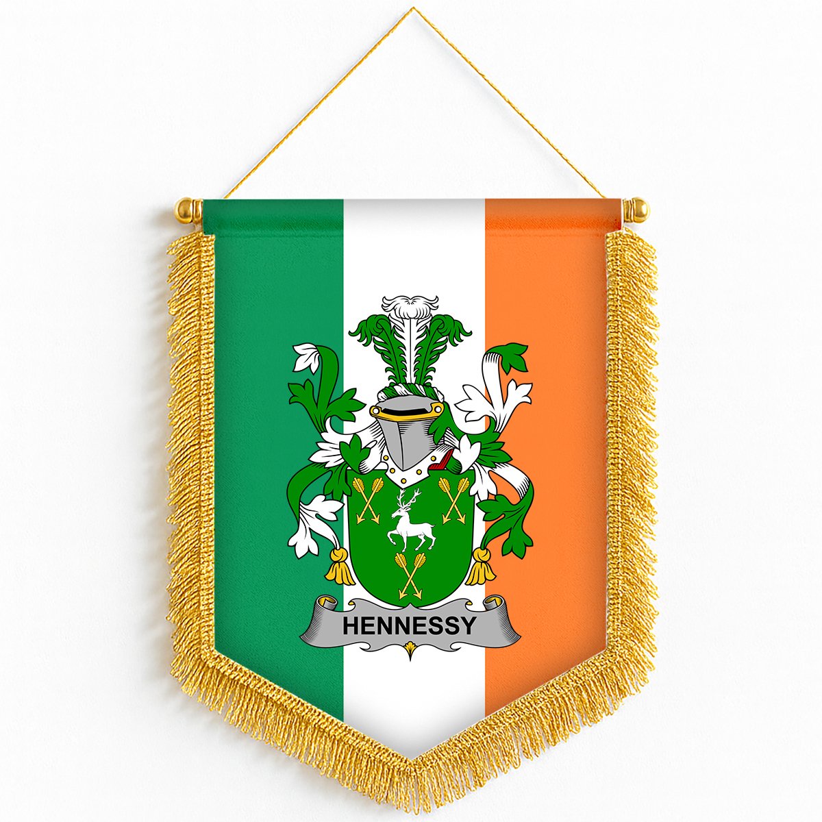 ScotsTee Shop Irish Hennessy or O'Hennessy Coat of Arms Ireland Flag and Irish Family Crest Green, White and Orange Wall Hanging Banner Gonfalon