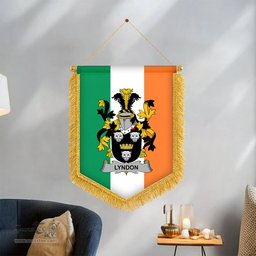 ScotsTee Shop Irish Lyndon or Gindon Coat of Arms Ireland Flag and Irish Family Crest Green, White and Orange Wall Hanging Banner Gonfalon