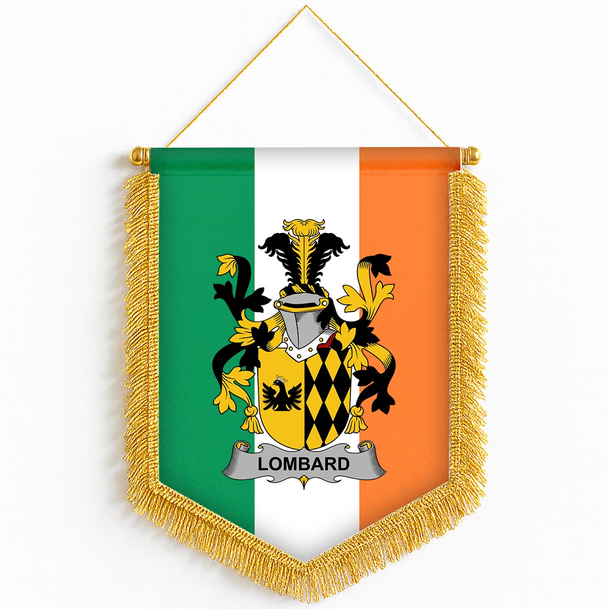 ScotsTee Shop Irish Lombard Coat of Arms Ireland Flag and Irish Family Crest Green, White and Orange Wall Hanging Banner Gonfalon