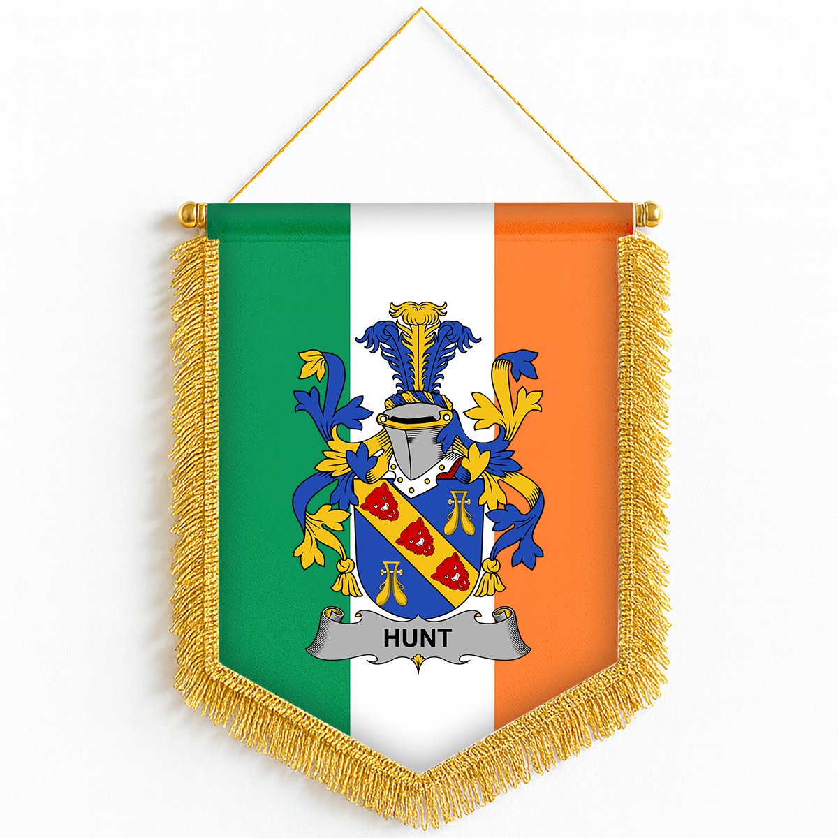 ScotsTee Shop Irish Hunt Coat of Arms Ireland Flag and Irish Family Crest Green, White and Orange Wall Hanging Banner Gonfalon