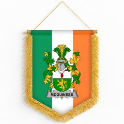 ScotsTee Shop Irish McGuiness or McGenis Coat of Arms Ireland Flag and Irish Family Crest Green, White and Orange Wall Hanging Banner Gonfalon
