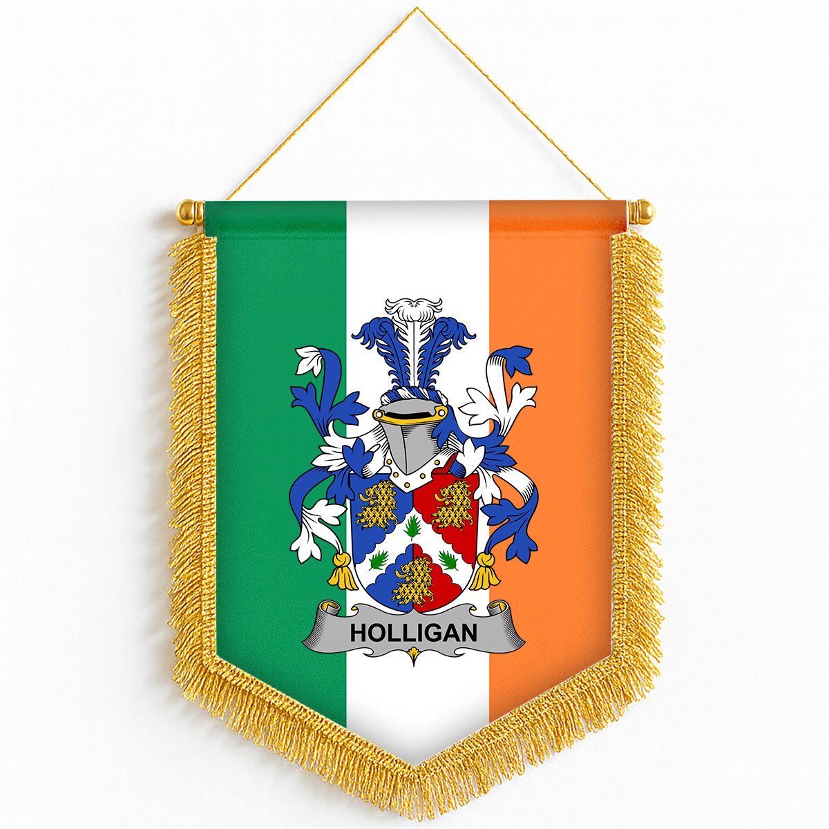 ScotsTee Shop Irish Holligan or O'Halligan Coat of Arms Ireland Flag and Irish Family Crest Green, White and Orange Wall Hanging Banner Gonfalon