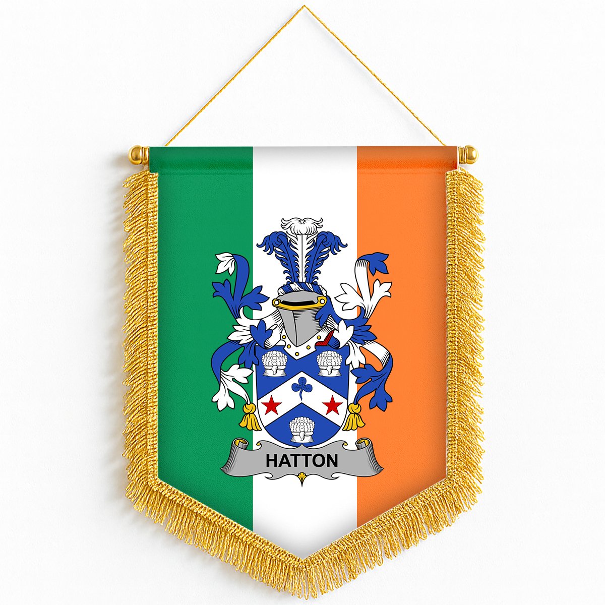ScotsTee Shop Irish Hatton or McIlhatton Coat of Arms Ireland Flag and Irish Family Crest Green, White and Orange Wall Hanging Banner Gonfalon