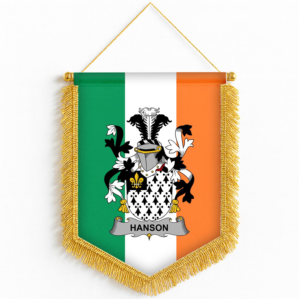 ScotsTee Shop Irish Hanson or O'Hanson Coat of Arms Ireland Flag and Irish Family Crest Green, White and Orange Wall Hanging Banner Gonfalon