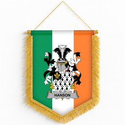 ScotsTee Shop Irish Hanson or O'Hanson Coat of Arms Ireland Flag and Irish Family Crest Green, White and Orange Wall Hanging Banner Gonfalon