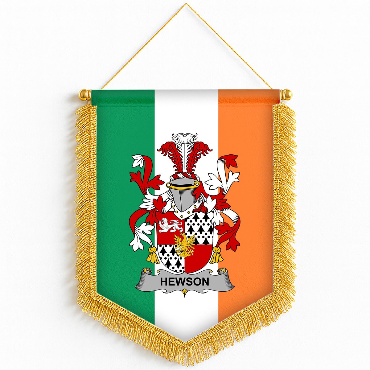 ScotsTee Shop Irish Hewson Coat of Arms Ireland Flag and Irish Family Crest Green, White and Orange Wall Hanging Banner Gonfalon