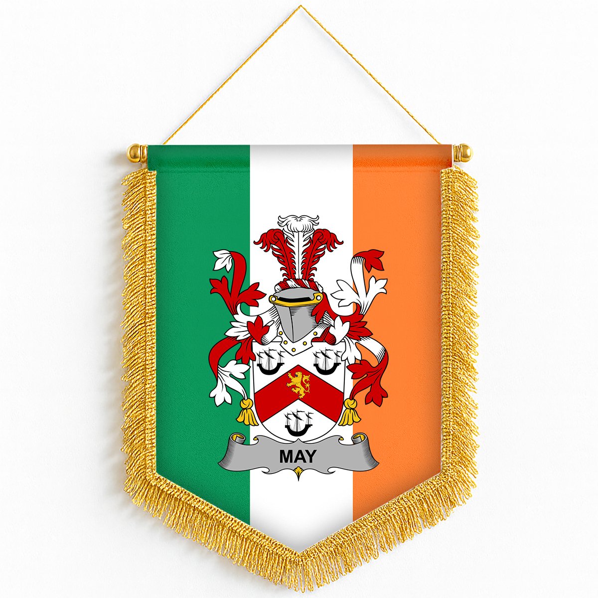 ScotsTee Shop Irish May Coat of Arms Ireland Flag and Irish Family Crest Green, White and Orange Wall Hanging Banner Gonfalon