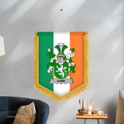 ScotsTee Shop Irish Hume Coat of Arms Ireland Flag and Irish Family Crest Green, White and Orange Wall Hanging Banner Gonfalon