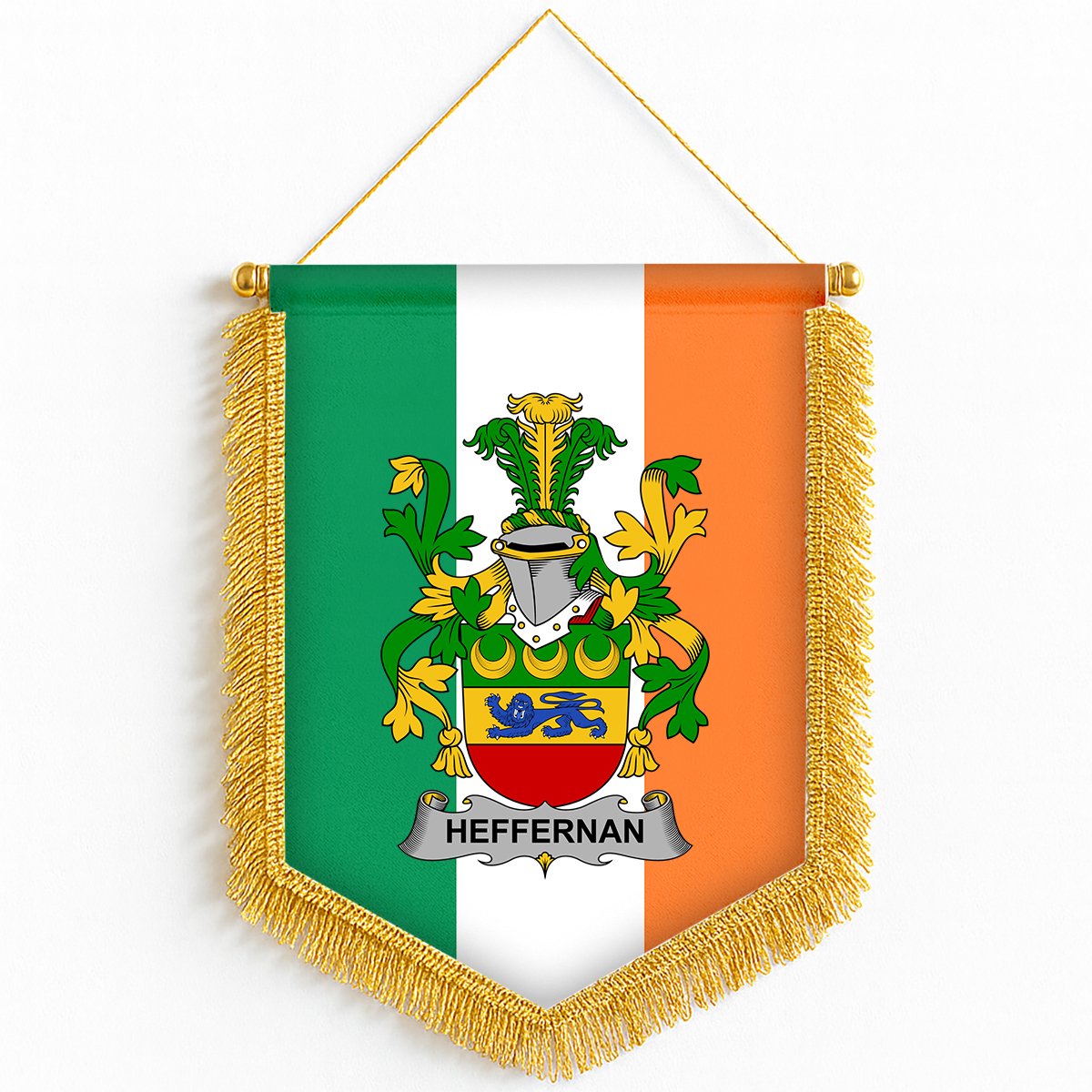 ScotsTee Shop Irish Heffernan or O'Heffernan Coat of Arms Ireland Flag and Irish Family Crest Green, White and Orange Wall Hanging Banner Gonfalon
