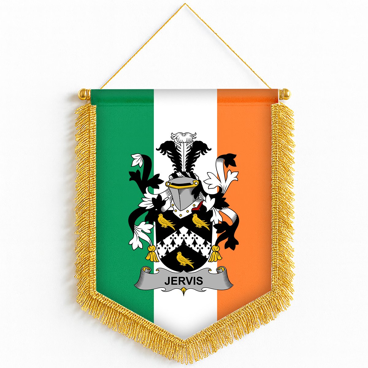 ScotsTee Shop Irish Jervis or Jarvis Coat of Arms Ireland Flag and Irish Family Crest Green, White and Orange Wall Hanging Banner Gonfalon