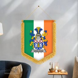 ScotsTee Shop Irish Hoolihan or O'Holohan Coat of Arms Ireland Flag and Irish Family Crest Green, White and Orange Wall Hanging Banner Gonfalon