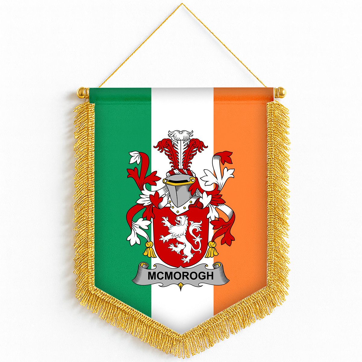 ScotsTee Shop Irish McMorogh or McMorrow Coat of Arms Ireland Flag and Irish Family Crest Green, White and Orange Wall Hanging Banner Gonfalon