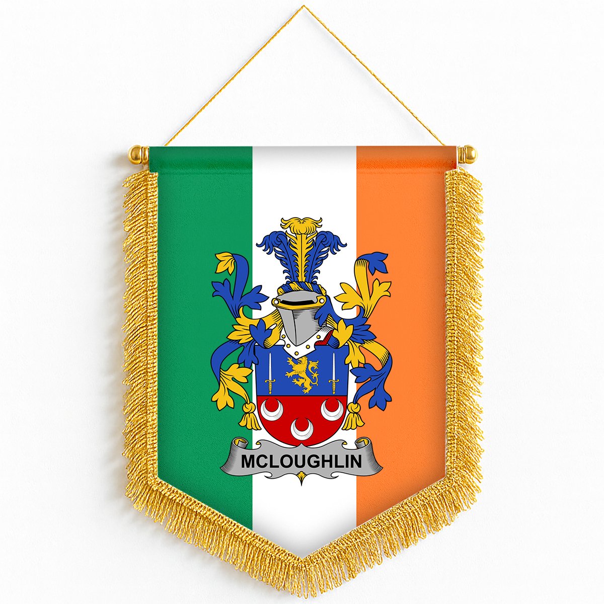 ScotsTee Shop Irish McLoughlin or Loughlin Coat of Arms Ireland Flag and Irish Family Crest Green, White and Orange Wall Hanging Banner Gonfalon