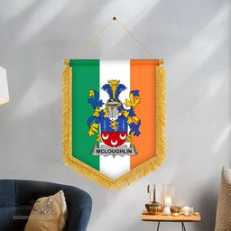 ScotsTee Shop Irish McLoughlin or Loughlin Coat of Arms Ireland Flag and Irish Family Crest Green, White and Orange Wall Hanging Banner Gonfalon