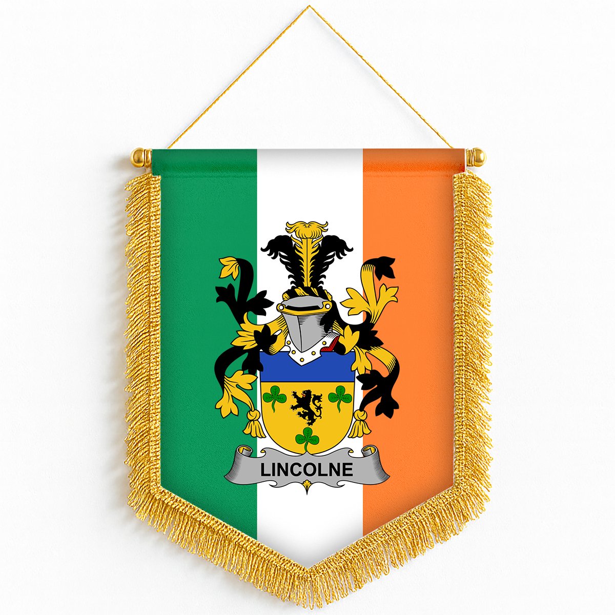ScotsTee Shop Irish Lincolne Coat of Arms Ireland Flag and Irish Family Crest Green, White and Orange Wall Hanging Banner Gonfalon