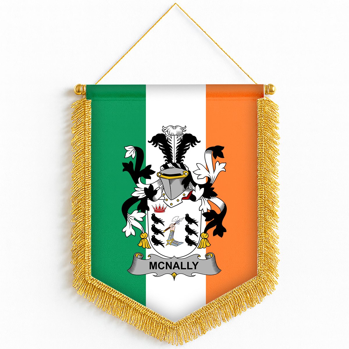 ScotsTee Shop Irish McNally Coat of Arms Ireland Flag and Irish Family Crest Green, White and Orange Wall Hanging Banner Gonfalon