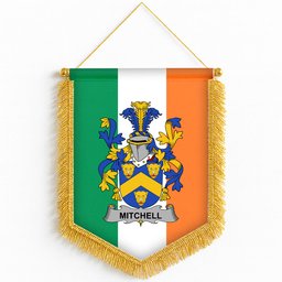 ScotsTee Shop Irish Mitchell Coat of Arms Ireland Flag and Irish Family Crest Green, White and Orange Wall Hanging Banner Gonfalon