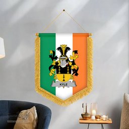 ScotsTee Shop Irish Kyle Coat of Arms Ireland Flag and Irish Family Crest Green, White and Orange Wall Hanging Banner Gonfalon