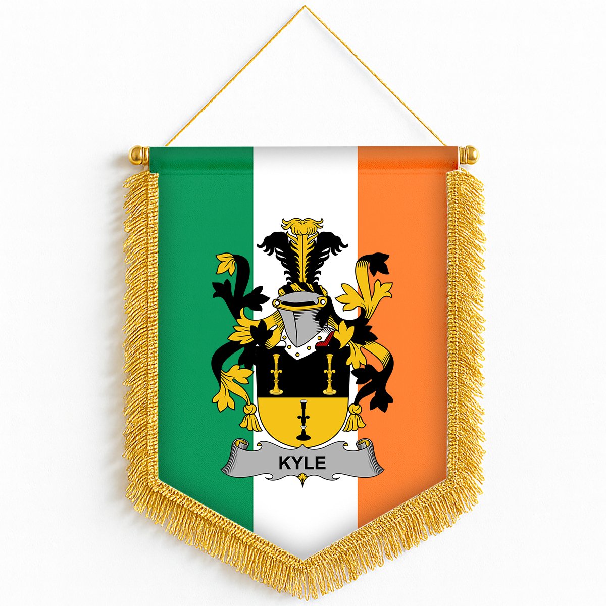 ScotsTee Shop Irish Kyle Coat of Arms Ireland Flag and Irish Family Crest Green, White and Orange Wall Hanging Banner Gonfalon