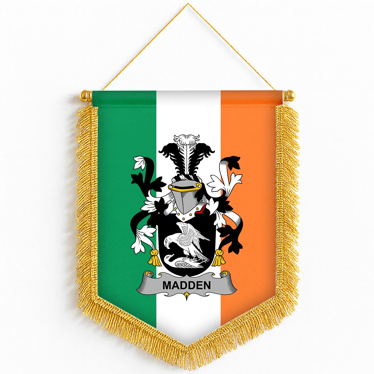 ScotsTee Shop Irish Madden or O'Madden Coat of Arms Ireland Flag and Irish Family Crest Green, White and Orange Wall Hanging Banner Gonfalon