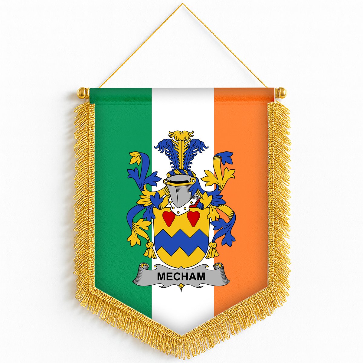 ScotsTee Shop Irish Mecham Coat of Arms Ireland Flag and Irish Family Crest Green, White and Orange Wall Hanging Banner Gonfalon