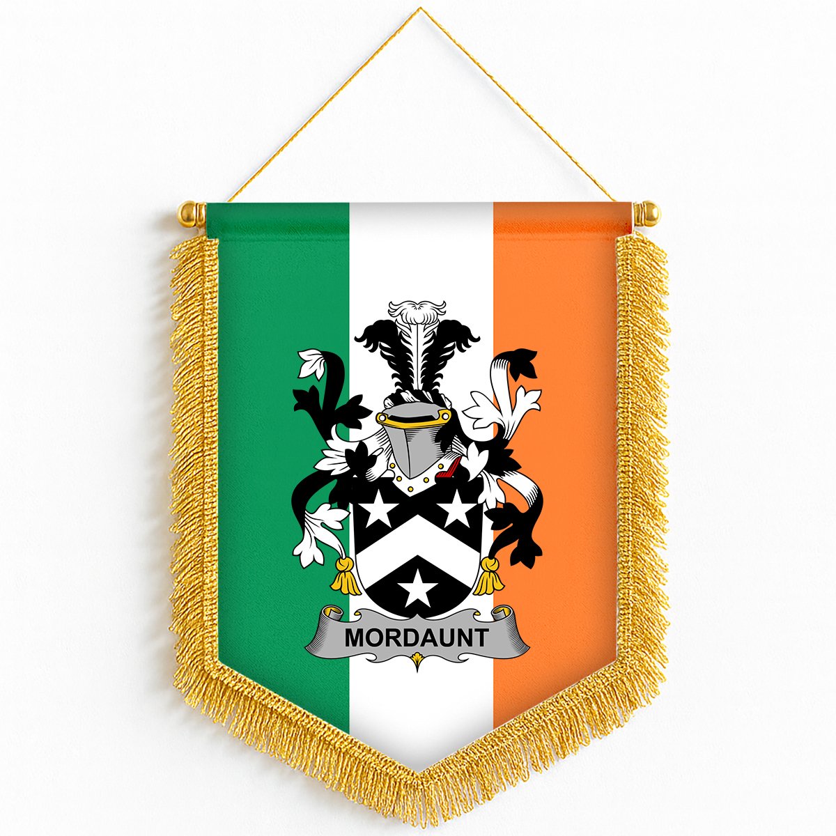 ScotsTee Shop Irish Mordaunt Coat of Arms Ireland Flag and Irish Family Crest Green, White and Orange Wall Hanging Banner Gonfalon