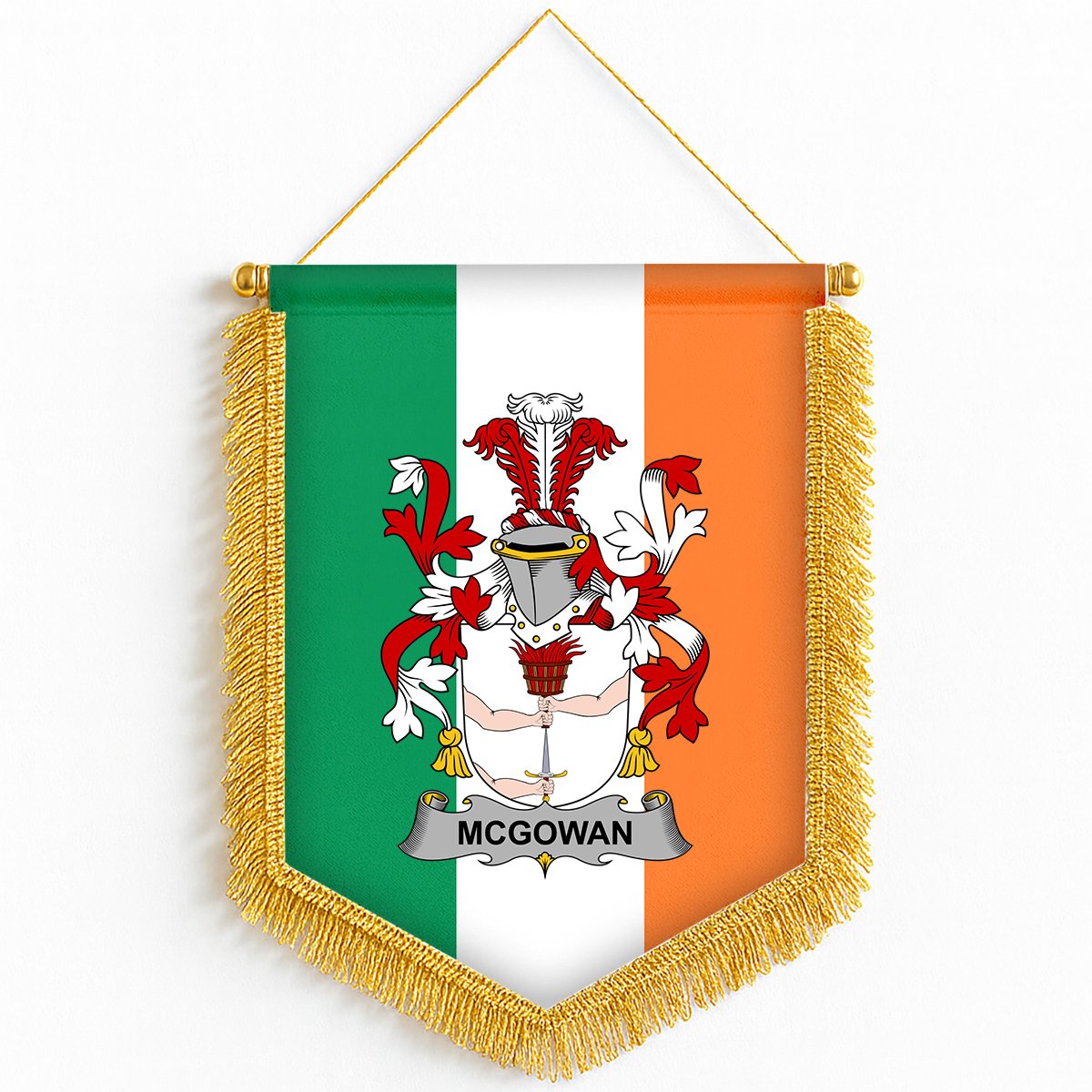 ScotsTee Shop Irish McGowan or McGouan Coat of Arms Ireland Flag and Irish Family Crest Green, White and Orange Wall Hanging Banner Gonfalon