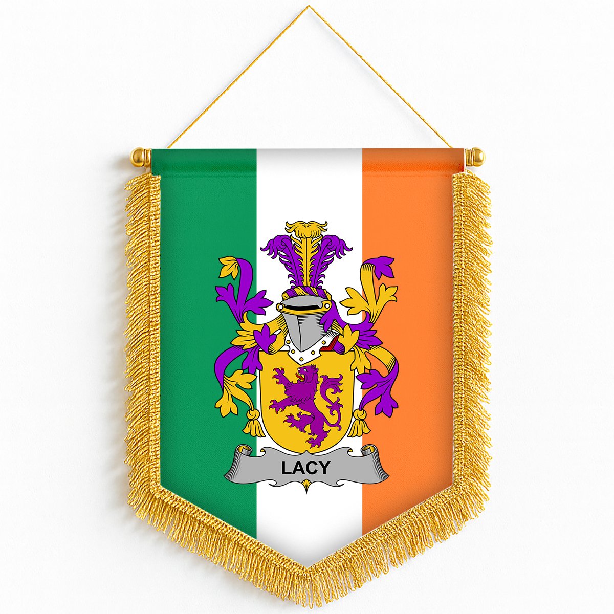 ScotsTee Shop Irish Lacy or De Lacy Coat of Arms Ireland Flag and Irish Family Crest Green, White and Orange Wall Hanging Banner Gonfalon