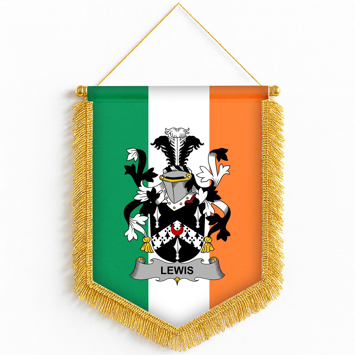 ScotsTee Shop Irish Lewis Coat of Arms Ireland Flag and Irish Family Crest Green, White and Orange Wall Hanging Banner Gonfalon
