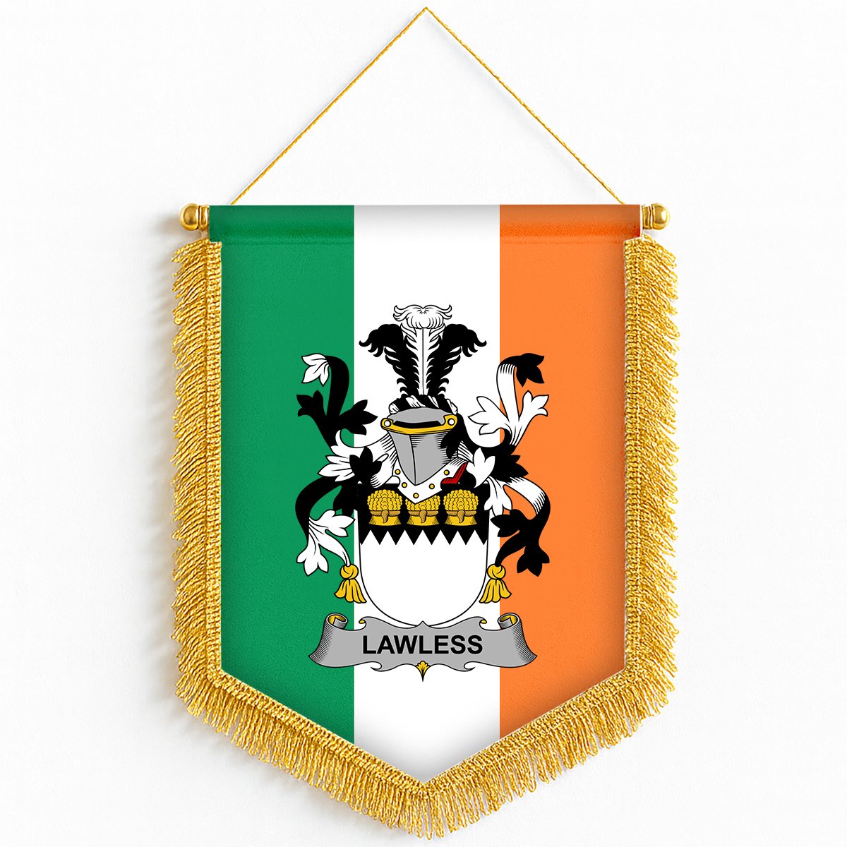 ScotsTee Shop Irish Lawless Coat of Arms Ireland Flag and Irish Family Crest Green, White and Orange Wall Hanging Banner Gonfalon