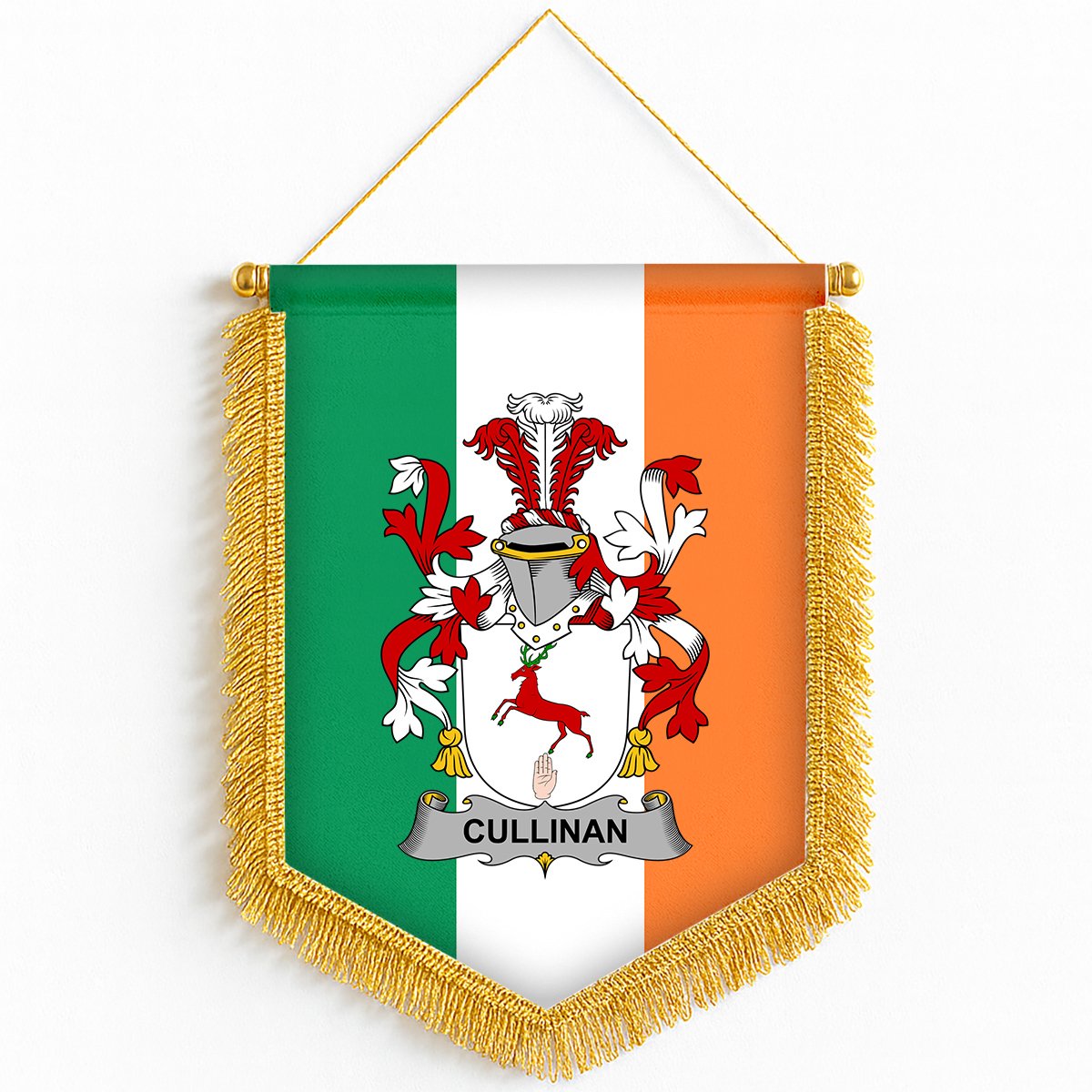 ScotsTee Shop Irish Cullinan or O'Cullinane Coat of Arms Ireland Flag and Irish Family Crest Green, White and Orange Wall Hanging Banner Gonfalon