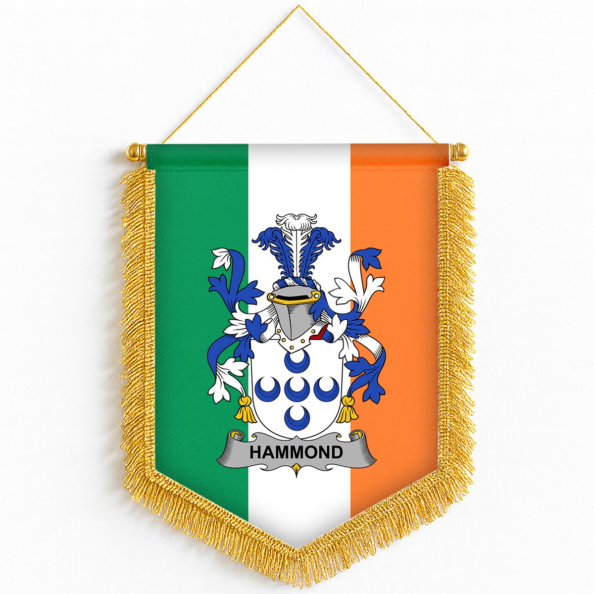 ScotsTee Shop Irish Hammond Coat of Arms Ireland Flag and Irish Family Crest Green, White and Orange Wall Hanging Banner Gonfalon