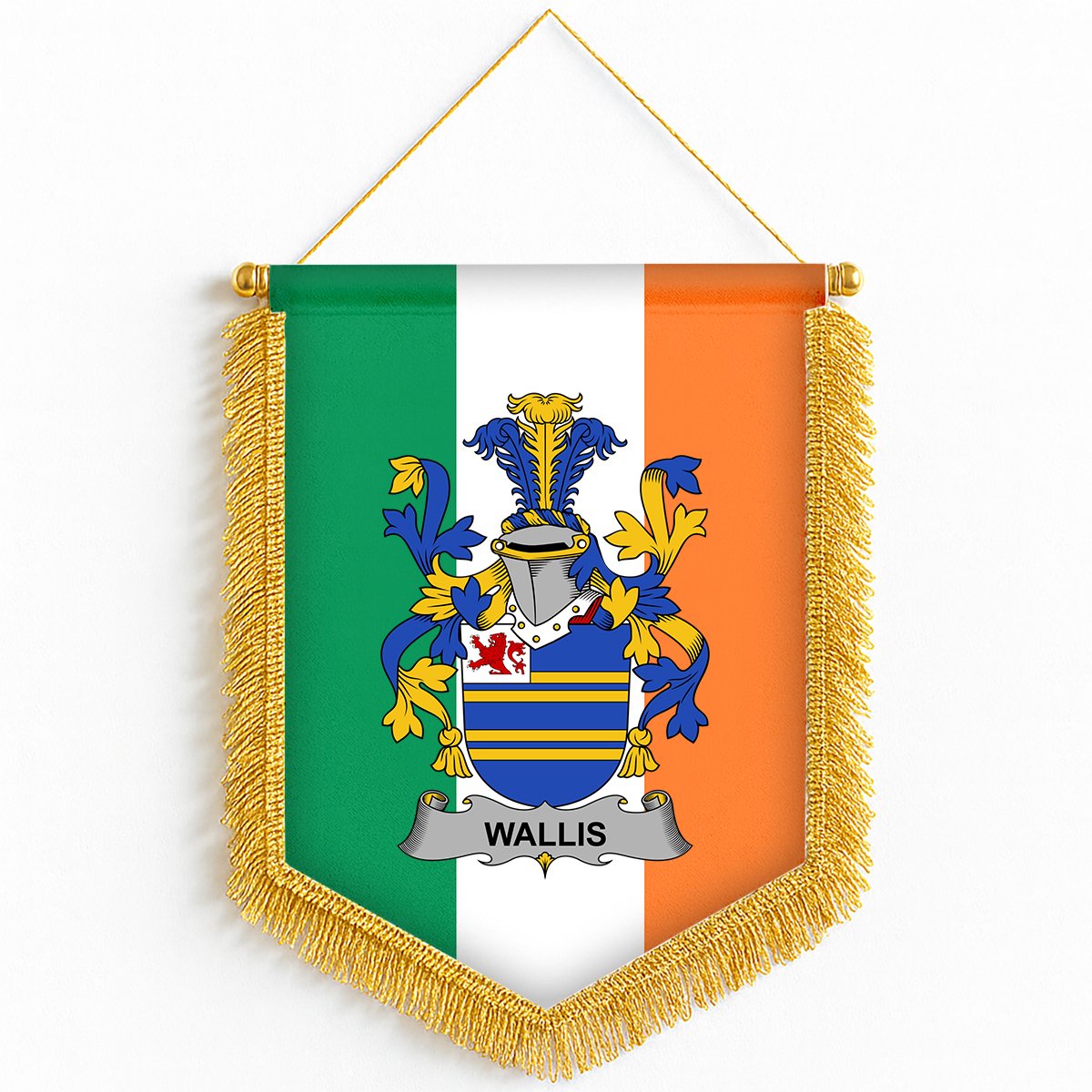 ScotsTee Shop Irish Wallis Coat of Arms Ireland Flag and Irish Family Crest Green, White and Orange Wall Hanging Banner Gonfalon