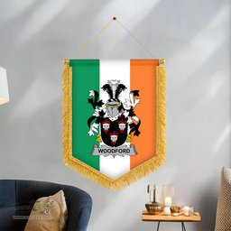 ScotsTee Shop Irish Woodford Coat of Arms Ireland Flag and Irish Family Crest Green, White and Orange Wall Hanging Banner Gonfalon