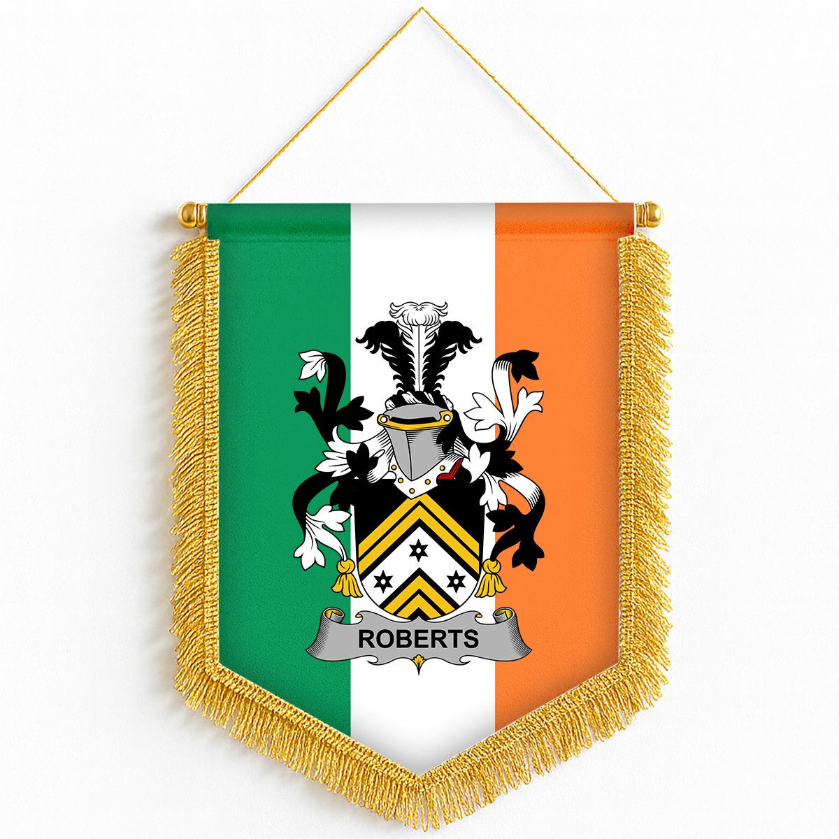 ScotsTee Shop Irish Roberts Coat of Arms Ireland Flag and Irish Family Crest Green, White and Orange Wall Hanging Banner Gonfalon