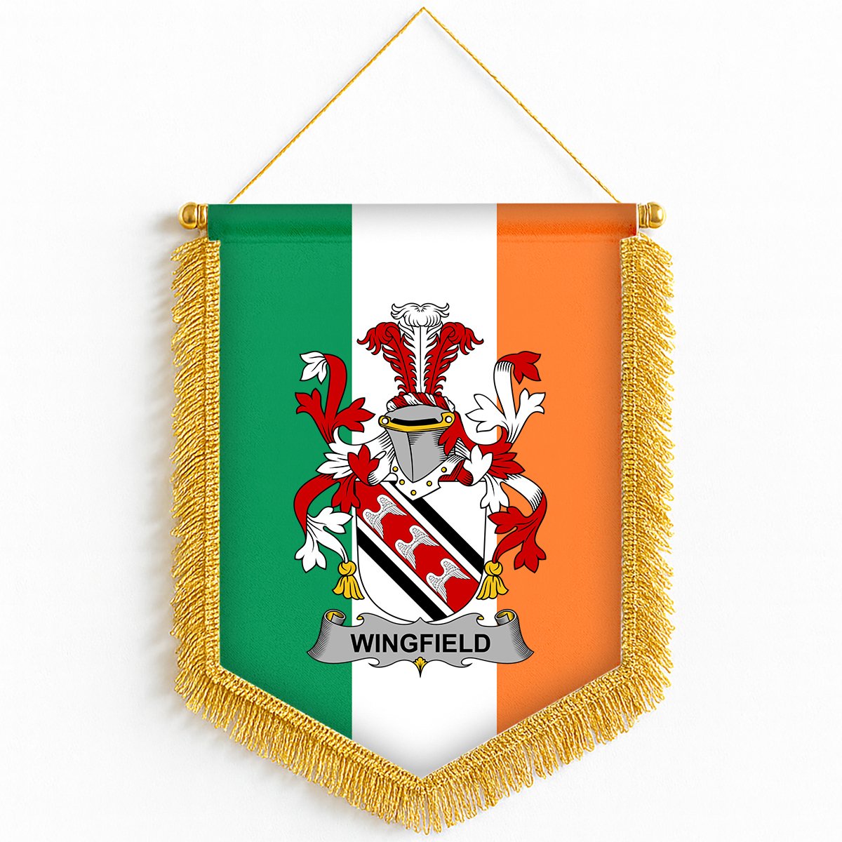 ScotsTee Shop Irish Wingfield Coat of Arms Ireland Flag and Irish Family Crest Green, White and Orange Wall Hanging Banner Gonfalon