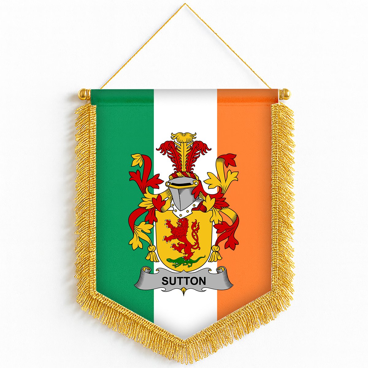 ScotsTee Shop Irish Sutton Coat of Arms Ireland Flag and Irish Family Crest Green, White and Orange Wall Hanging Banner Gonfalon