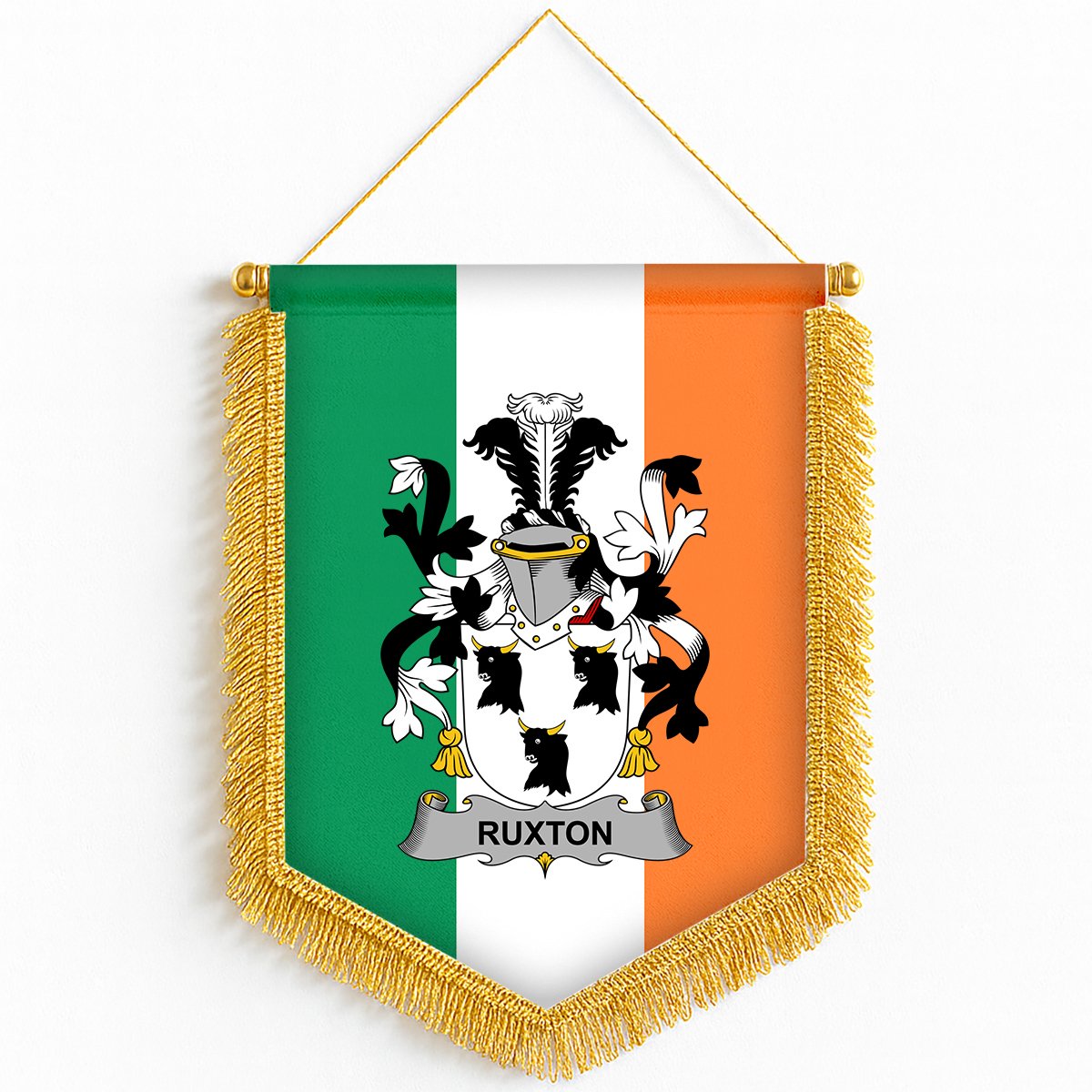 ScotsTee Shop Irish Ruxton Coat of Arms Ireland Flag and Irish Family Crest Green, White and Orange Wall Hanging Banner Gonfalon
