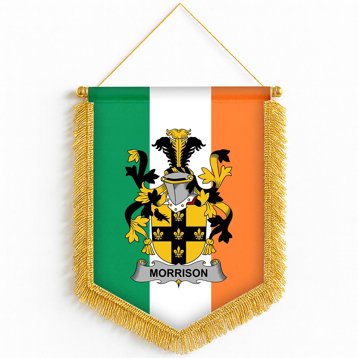 ScotsTee Shop Irish Morrison Coat of Arms Ireland Flag and Irish Family Crest Green, White and Orange Wall Hanging Banner Gonfalon