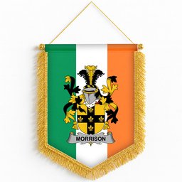 ScotsTee Shop Irish Morrison Coat of Arms Ireland Flag and Irish Family Crest Green, White and Orange Wall Hanging Banner Gonfalon