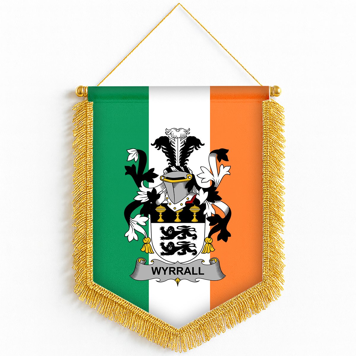 ScotsTee Shop Irish Wyrrall Coat of Arms Ireland Flag and Irish Family Crest Green, White and Orange Wall Hanging Banner Gonfalon