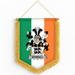 ScotsTee Shop Irish Wyrrall Coat of Arms Ireland Flag and Irish Family Crest Green, White and Orange Wall Hanging Banner Gonfalon