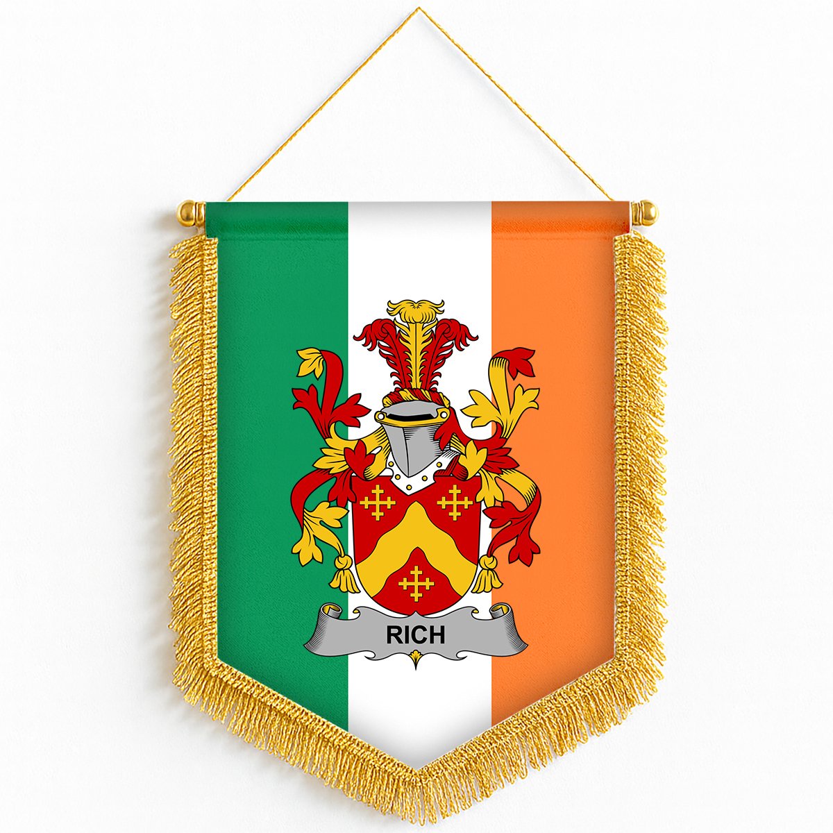 ScotsTee Shop Irish Rich Coat of Arms Ireland Flag and Irish Family Crest Green, White and Orange Wall Hanging Banner Gonfalon