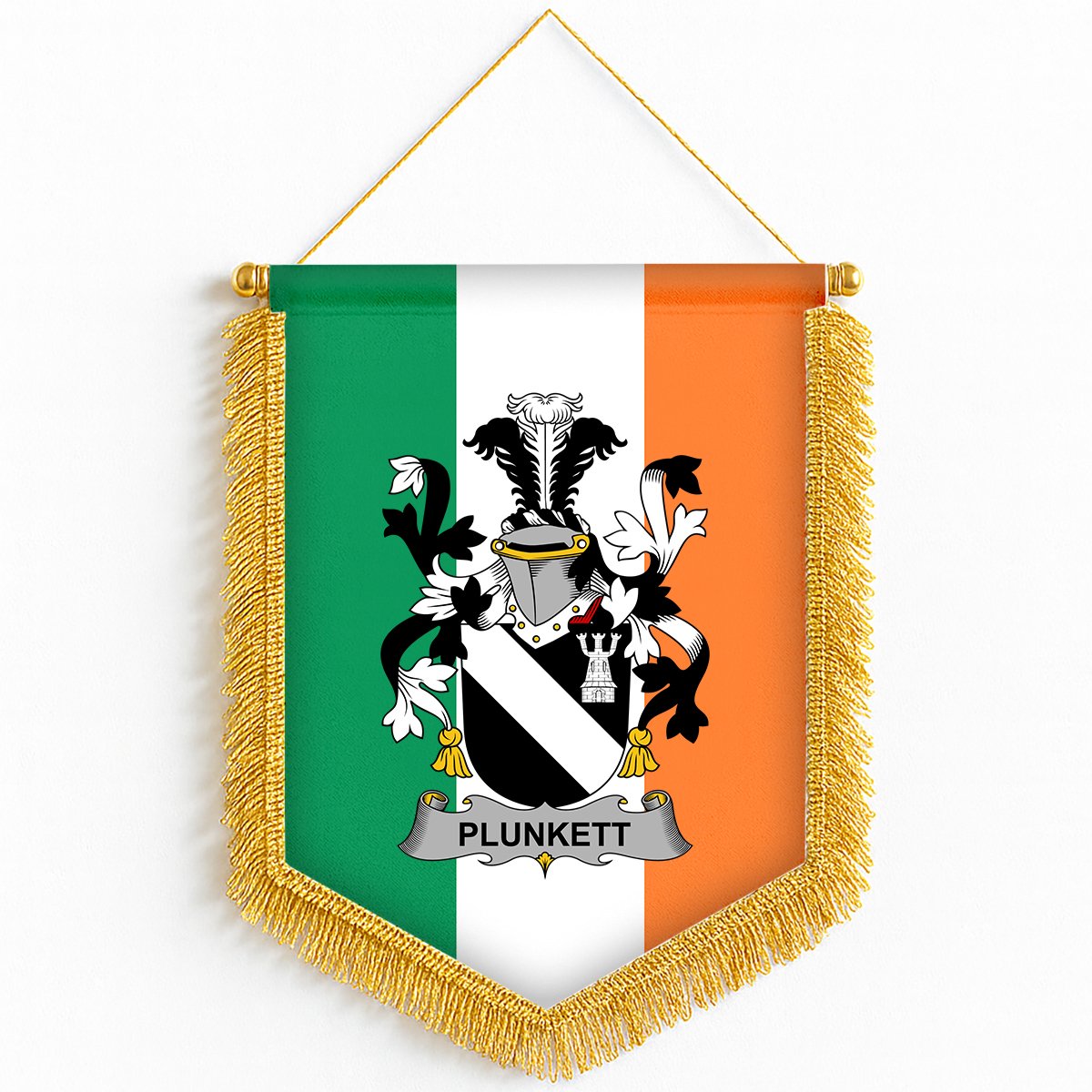 ScotsTee Shop Irish Plunkett Coat of Arms Ireland Flag and Irish Family Crest Green, White and Orange Wall Hanging Banner Gonfalon