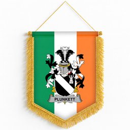 ScotsTee Shop Irish Plunkett Coat of Arms Ireland Flag and Irish Family Crest Green, White and Orange Wall Hanging Banner Gonfalon