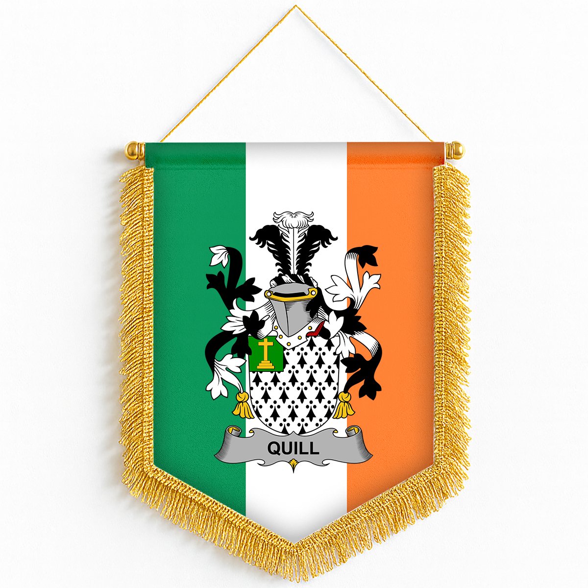 ScotsTee Shop Irish Quill Coat of Arms Ireland Flag and Irish Family Crest Green, White and Orange Wall Hanging Banner Gonfalon