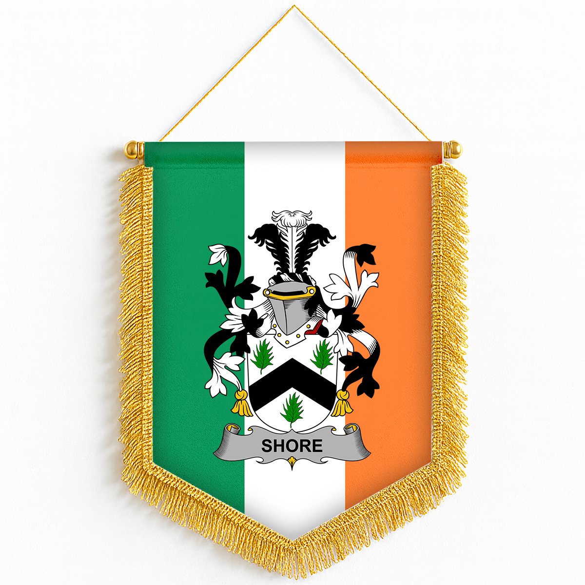 ScotsTee Shop Irish Shore Coat of Arms Ireland Flag and Irish Family Crest Green, White and Orange Wall Hanging Banner Gonfalon